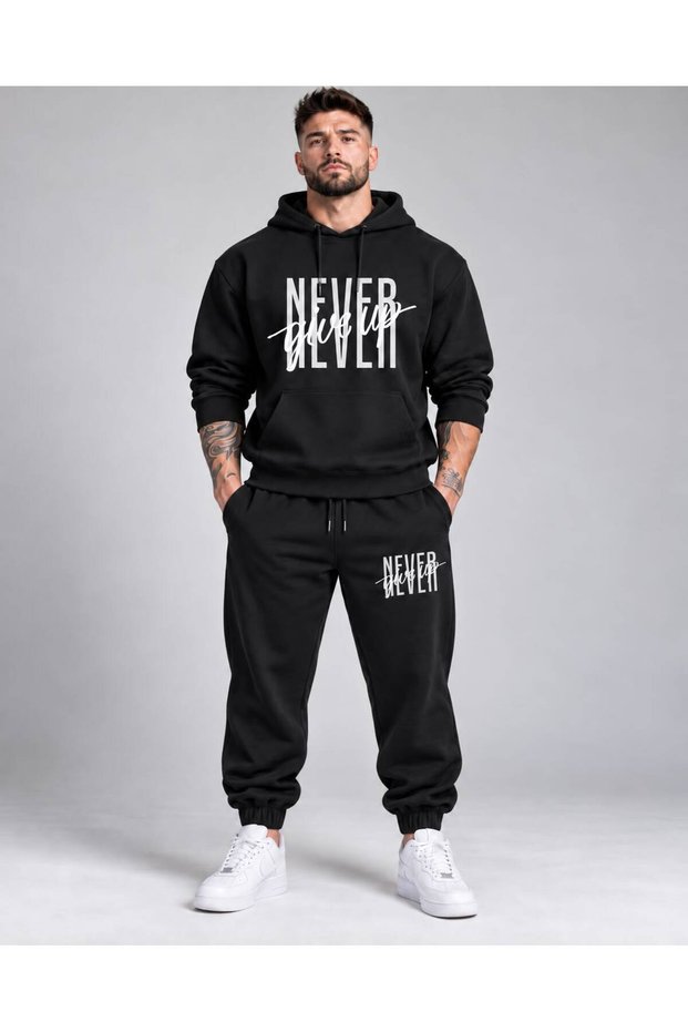 Black Men's Oversize Basic Hooded Elastic Cuffed Jogger Never Give up Printed Cotton Tracksuit Set