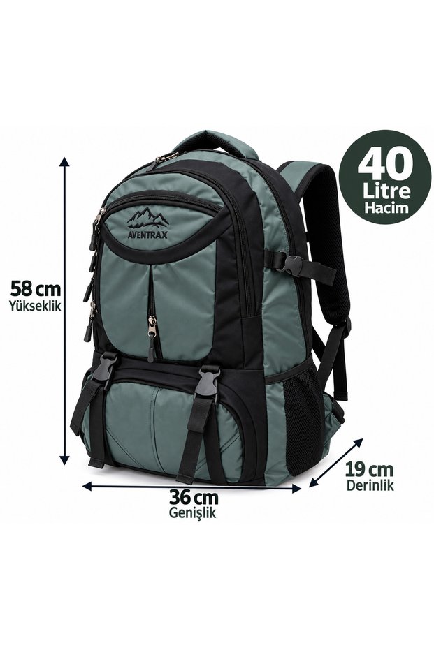 40 Liter Gray Black Mountaineering Camping Trekking Backpack Water Resistant Fabric Multi Compartment Travel Bag
