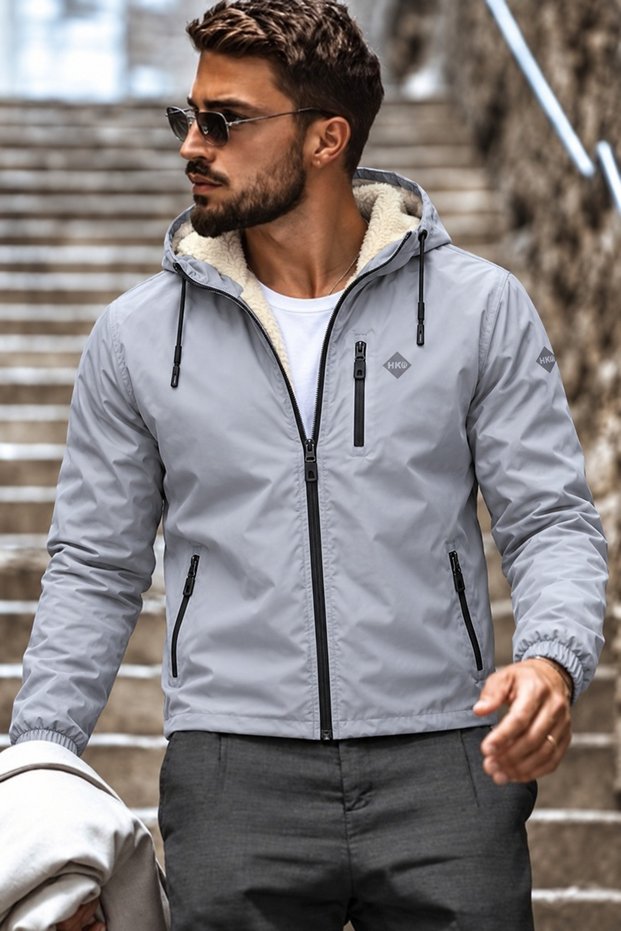 Men's Hooded Zippered Sleeved Sports Winter Gray Fur Raincoat