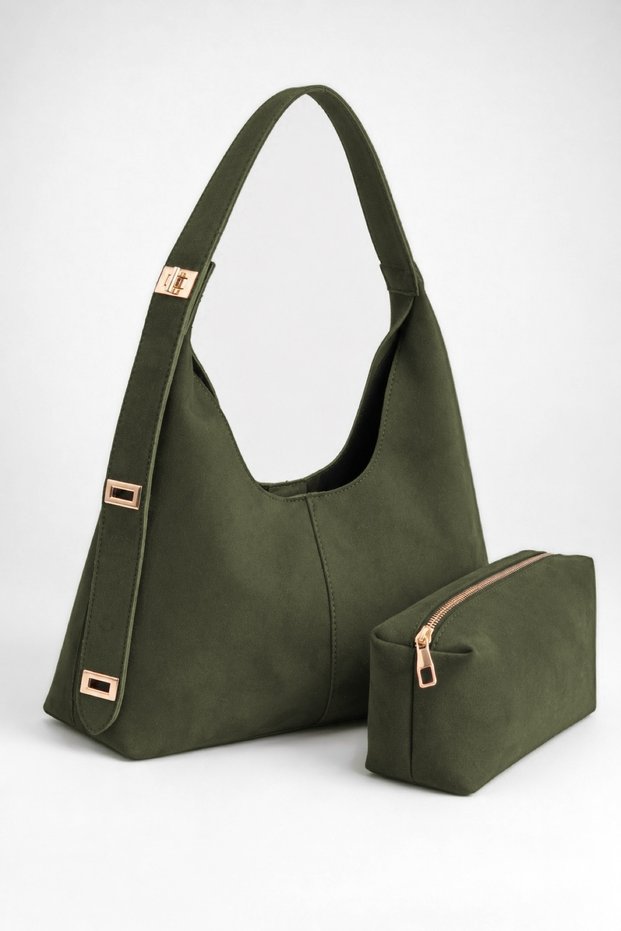Women's Lilac Khaki Suede Lock Strap Detailed Organizer Magnetic Closure Shoulder Bag