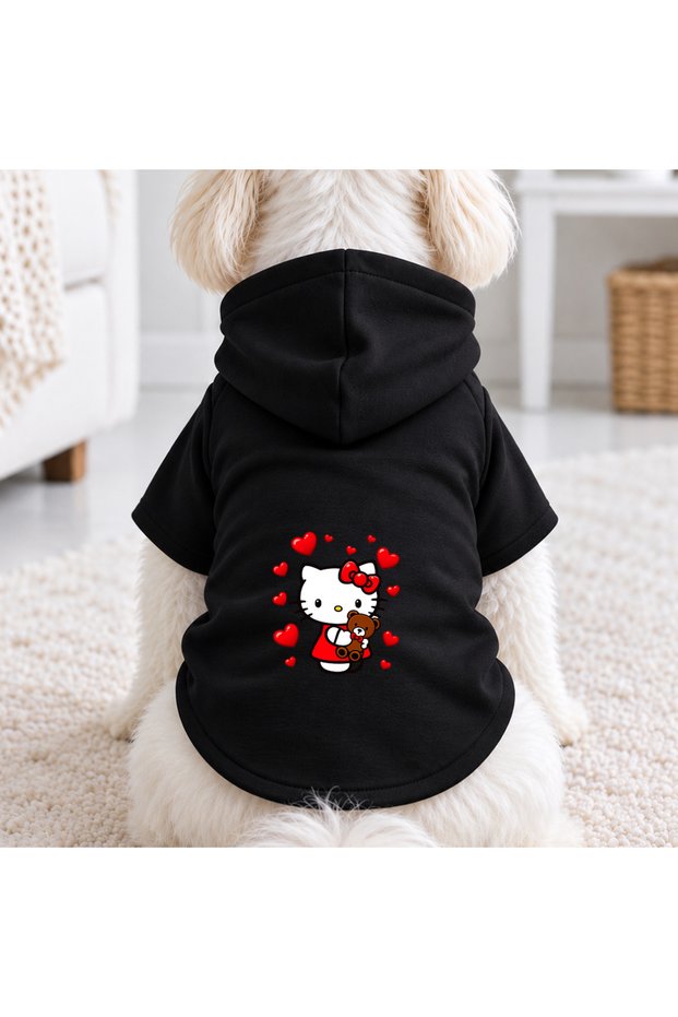 Black Hello K Teddy Printed Dog Sweatshirt | Hooded, Fleece Fabric, Winter Dog Clothing
