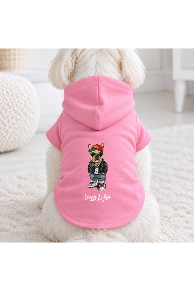 Pink Thug Life Printed Dog Sweatshirt |   Hooded, Fleece Fabric, Winter Dog Clothing