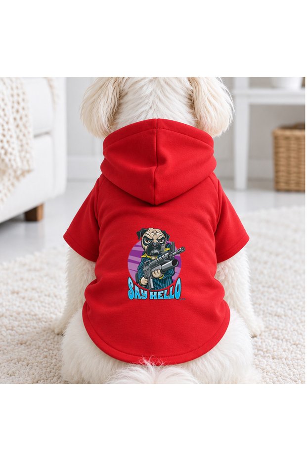 Red Hello Dog Printed Dog Sweatshirt | Hooded, Fleece Fabric, Winter Dog Clothing