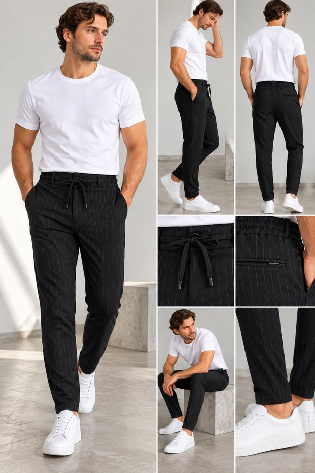 Men's Jogger Striped Trousers with Front Pockets, Zipper and Buttoned Back Pockets, Regular Fit