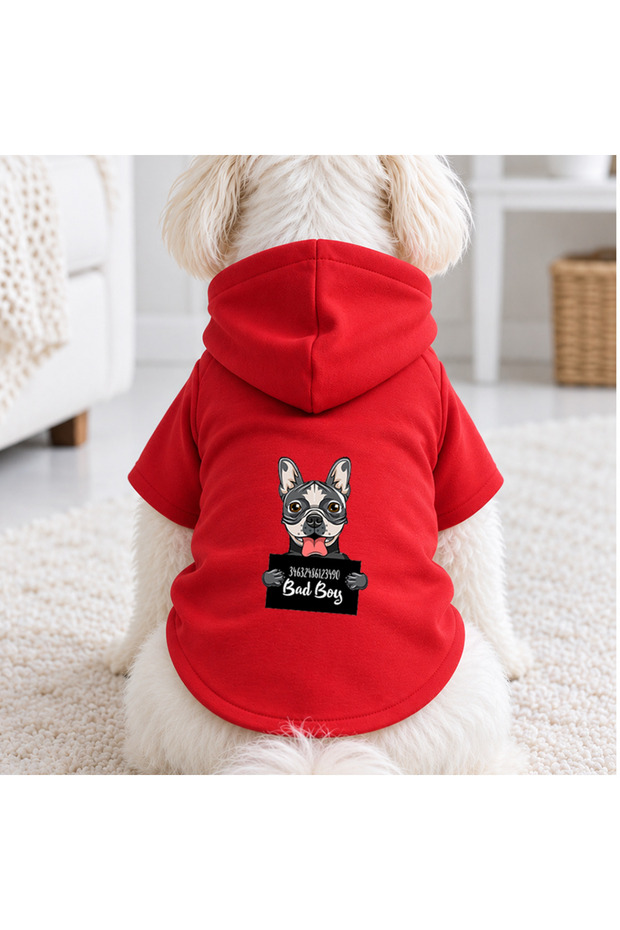 Red Wanted Gray Printed Dog Sweatshirt | Hooded, Fleece Fabric, Winter Dog Clothing