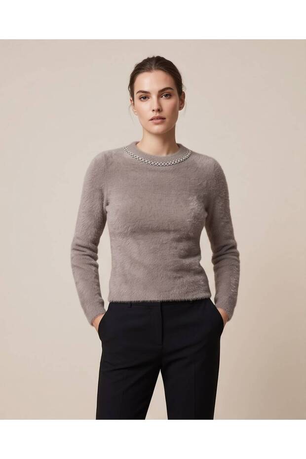 Women's Stylish Knit Sweater with Stone Embellishments on the Collar and Soft Texture