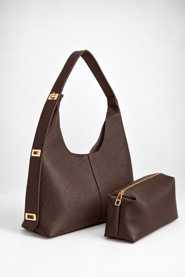 Women's Lilac Brown Faux Leather Shoulder Bag with Lock Strap Detail, Organizer, and Magnet Closure
