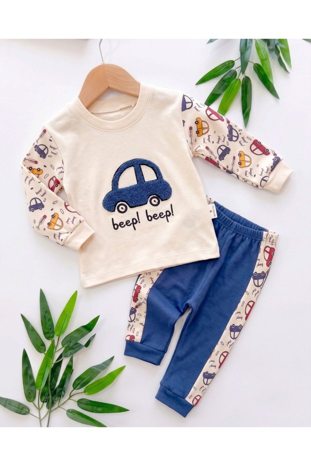 Baby Boy Car Printed 3-6-9-12 Months Seasonal 2 Threaded Top and Bottom Baby Set