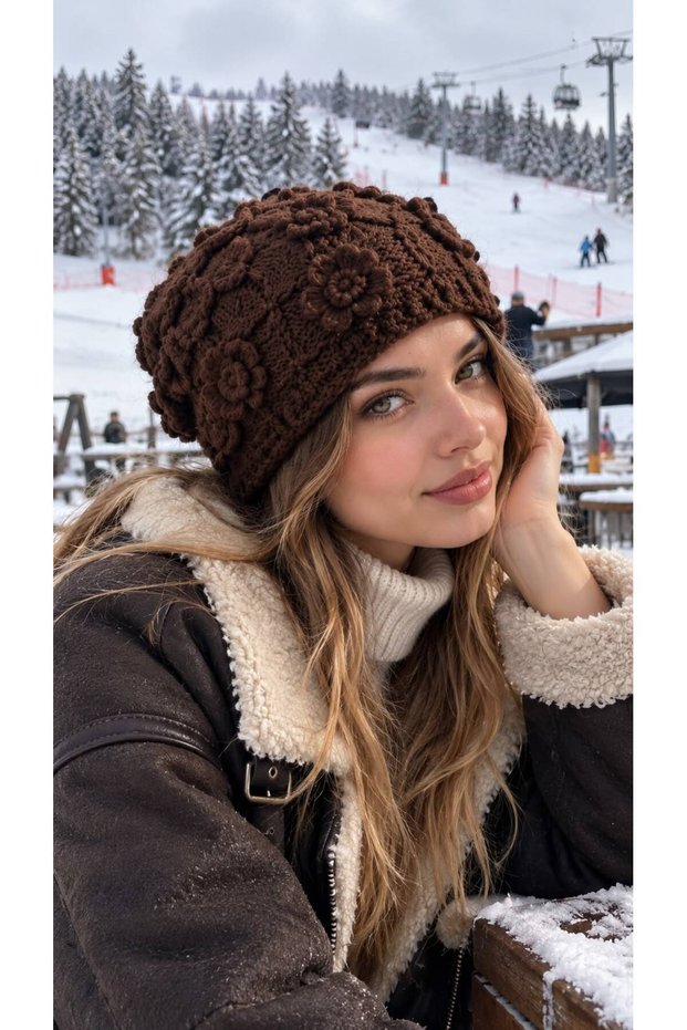 Brown Knitwear Hand Knitted Floral Patterned Women's Beanie