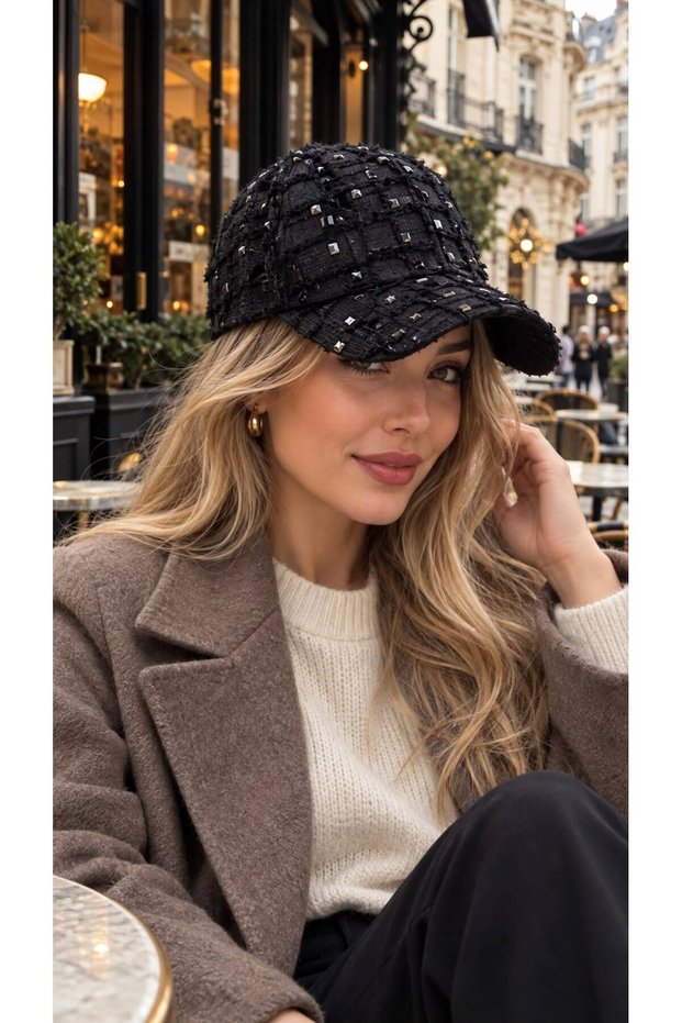 Black Stone Embroidered Tweed Women's Cap Hat