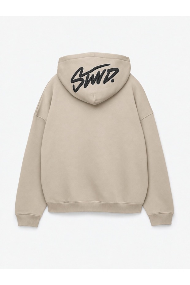 Unisex Oversize Hooded Printed Sweatshirt Beige 100% Cotton