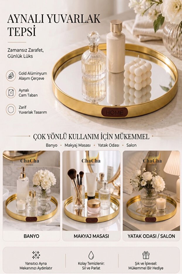 Nordic Luxury Mirrored Decorative Presentation Tray |   Home Detailed Round Perfume, Jewelry and Cosmetic Organizer