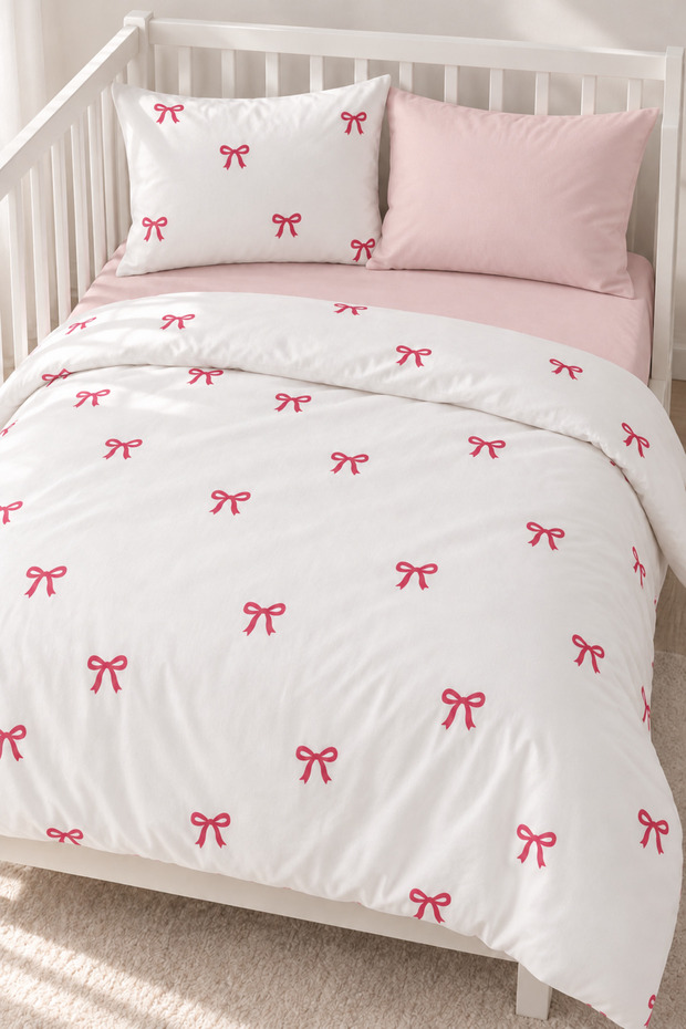 Bow Patterned 100% Cotton Baby Duvet Cover Set