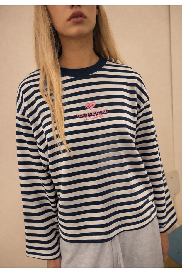Navy Blue Striped Three Thread Embroidery Detail Sweathirt