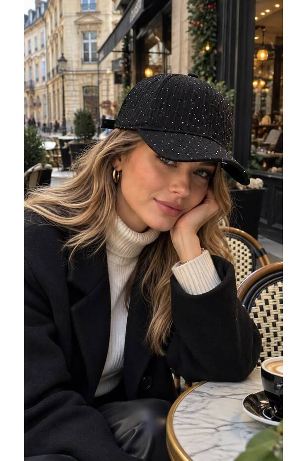 Black Stone Embroidered Pleated Women's Cap Hat