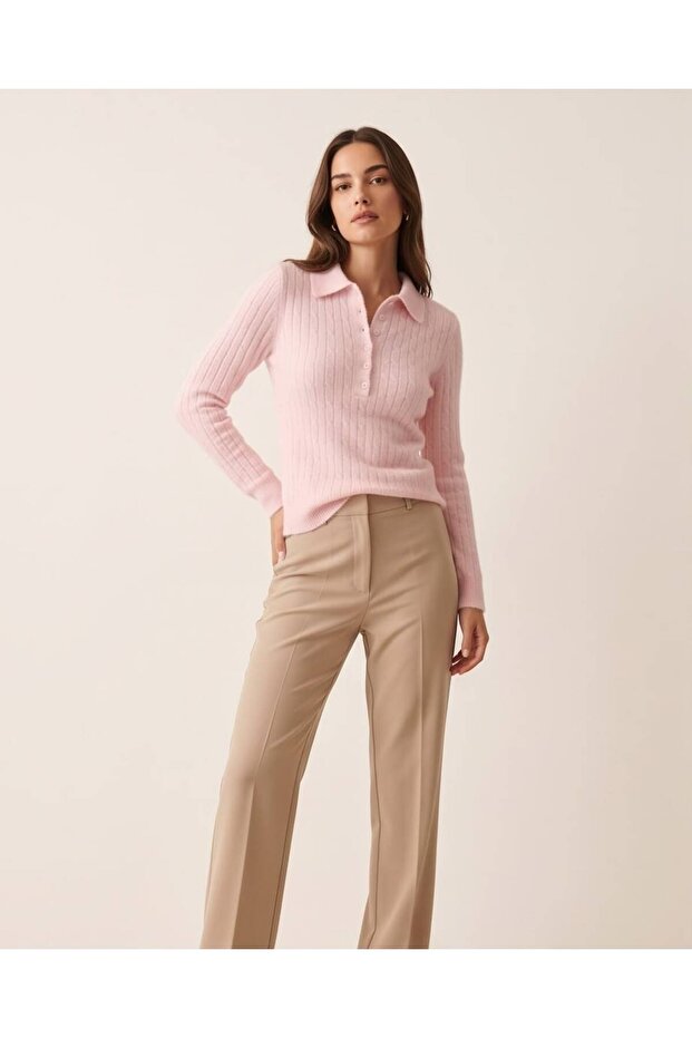 Women's Polo Collar Buttoned Knitted Patterned Sweater