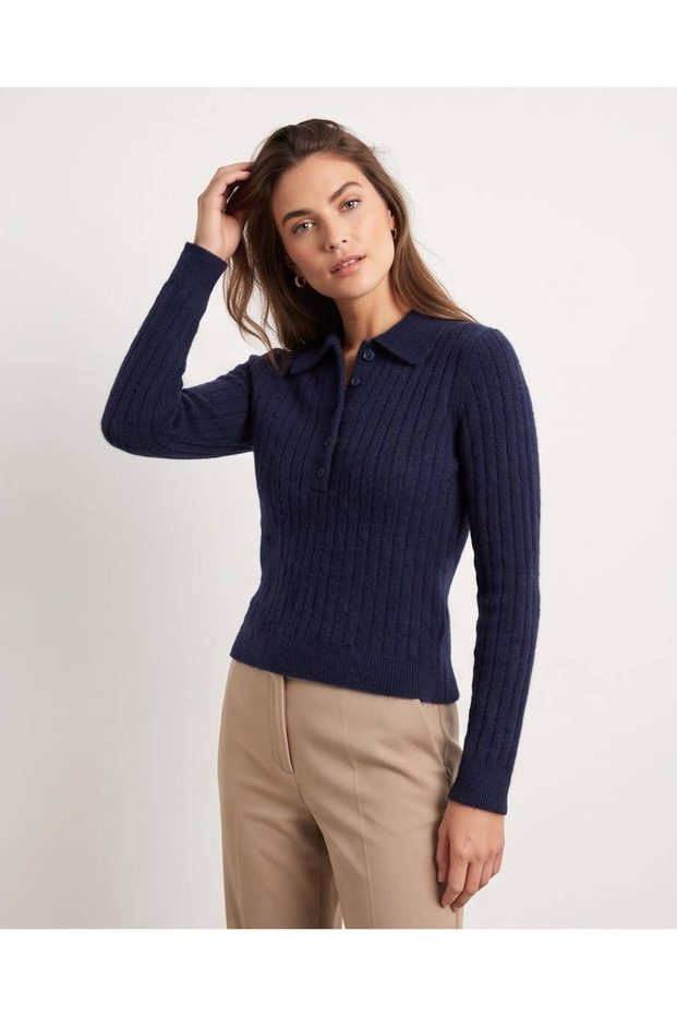 Women's Polo Collar Buttoned Knitted Patterned Sweater