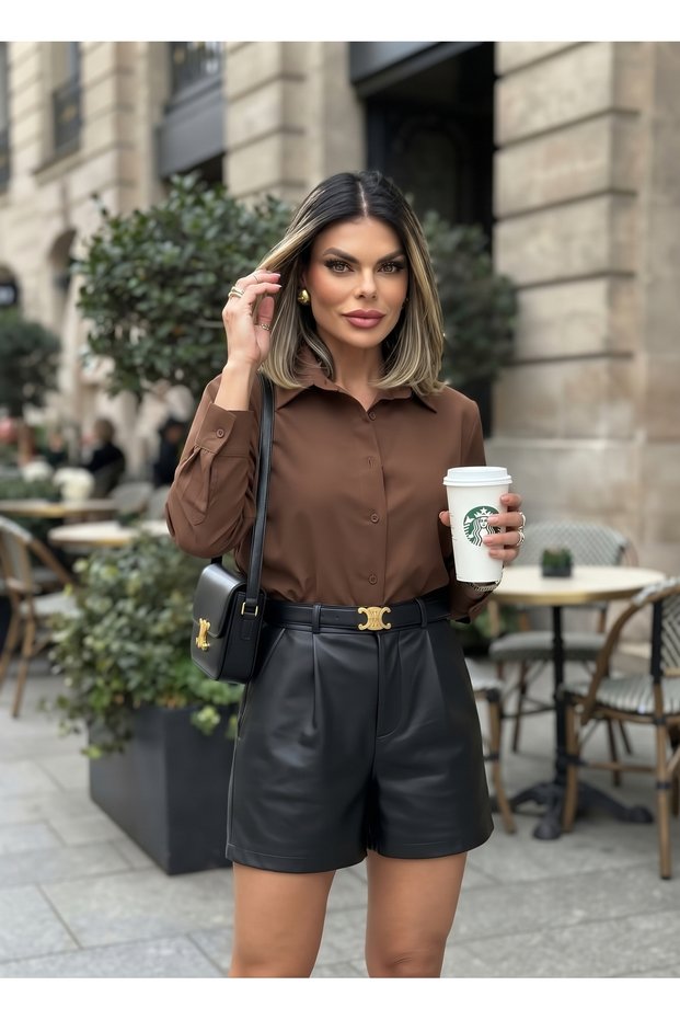 Women's Leather Shorts Winter Leather Women's Shorts with Pleats and Pockets