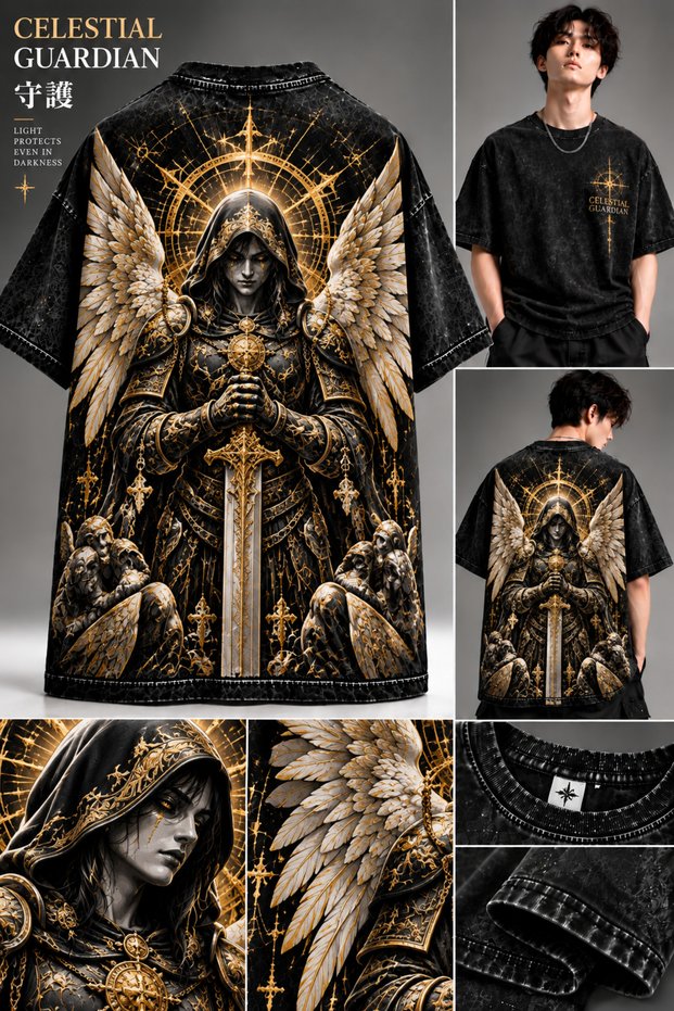 Celestial Guardian Winged Guardian Back Printed Oversize Black Crew Neck T-Shirt