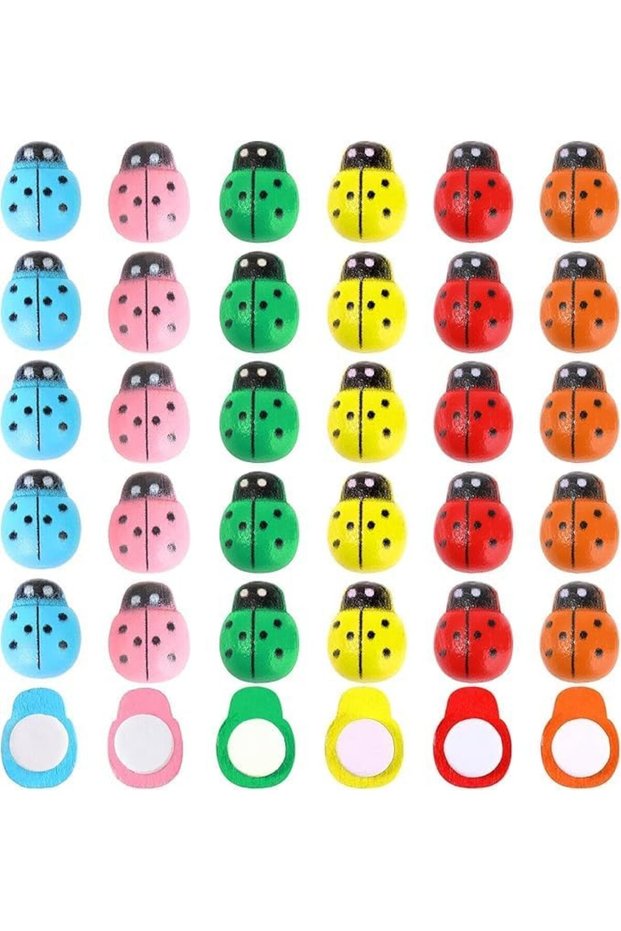 100Pcs Assorted Color Self-Adhesive Mini Wooden Ladybugs,Tiny Flatback Resin Ladybug Stickers for DIY Crafts,Scrapbooking,and Party Decoration
