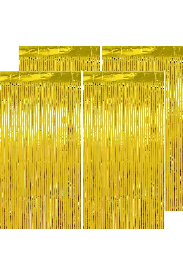 4 Pcs Gold Tinsel Foil Fringe Backdrop Curtains,3.2 x 6.56 FT,Golden Metallic Streamers for Birthday and Party
