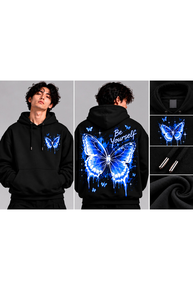 Be Yourself Blue Butterfly Back Print Oversized Hooded Black Sweatshirt with Kangaroo Pocket