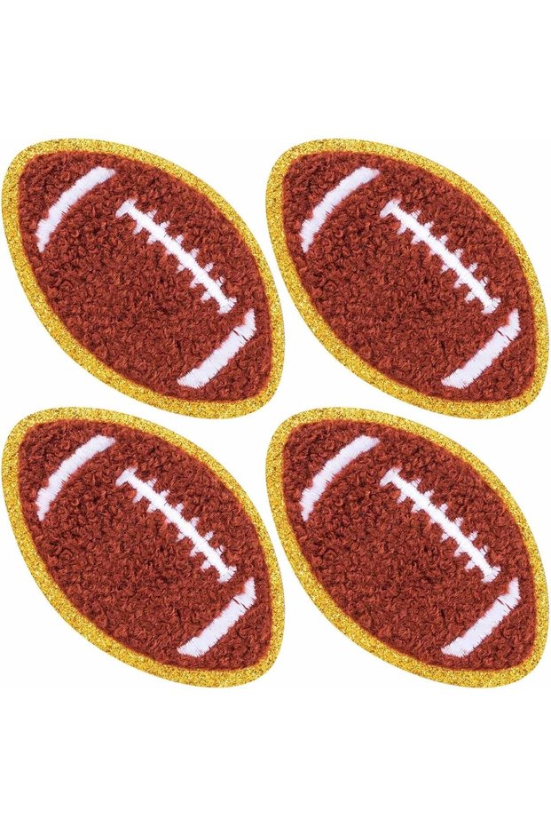 4 Pcs Rugby Ball Iron-On Patches,Sequin Gold Embroidery Applique for Clothing,Hats,and DIY Crafts,80x50 mm