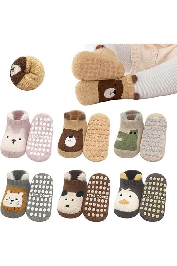 Baby Non-Skid Ankle Socks with Grips,6 Pairs Thick Warm Anti-Slip Toddler Floor Socks