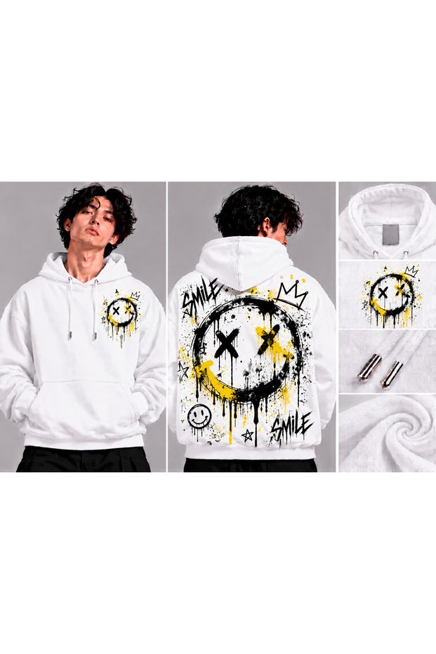 Graffiti Smile Smiling Face Back Print Oversize Hooded White Sweatshirt with Kangaroo Pocket