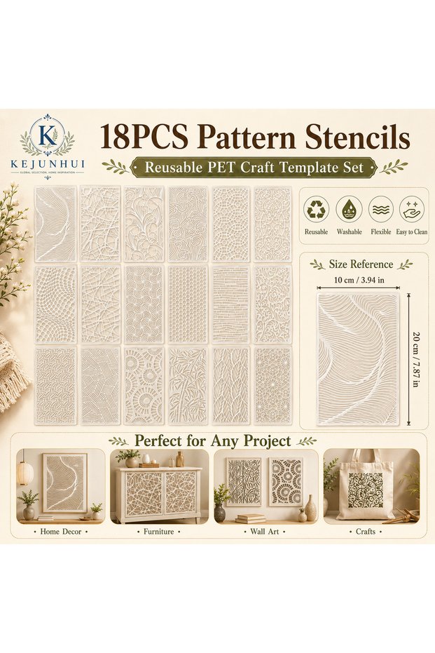 18Pcs Abstract Texture Stencils Reusable PET Painting Templates for Wall Wood Fabric Glass Furniture