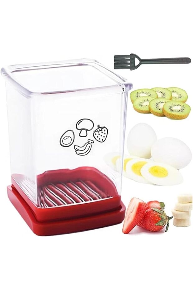 Cup Speed Slicer with Push Plate and Cleaning Brush,Multifunctional Fruit and Egg Cutter for Salad and Desserts,Red