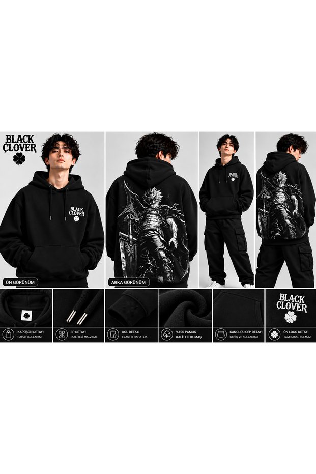 Black Clover Dark Warrior Back Printed Oversize Hooded Black Sweatshirt with Kangaroo Pocket