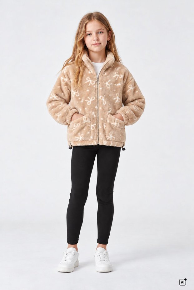 Brown Girl's Patterned Stand Collar Zippered Plush Coat 25026