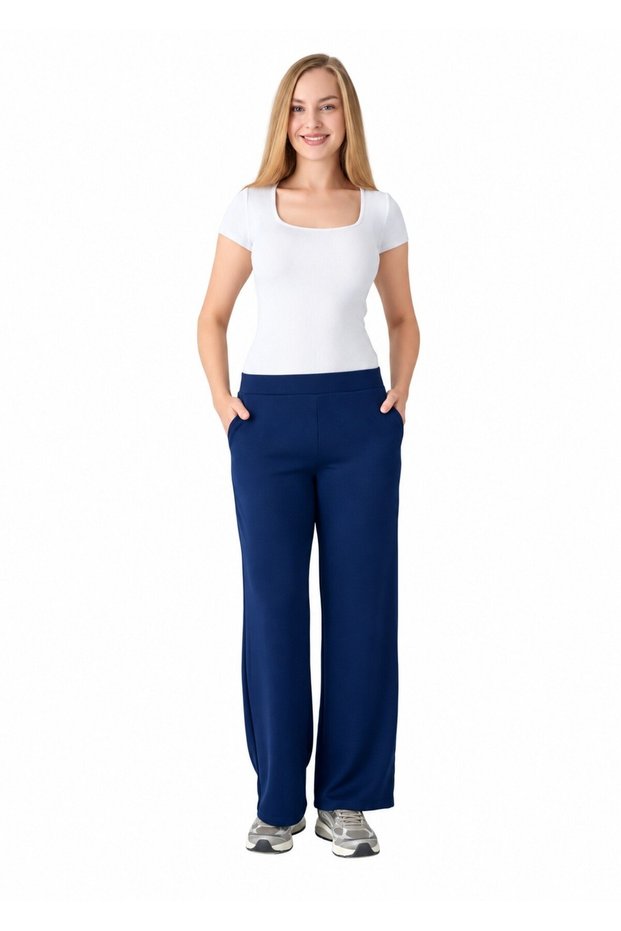 Women's Navy Blue Wide Leg Straight Cut Trousers with Pockets