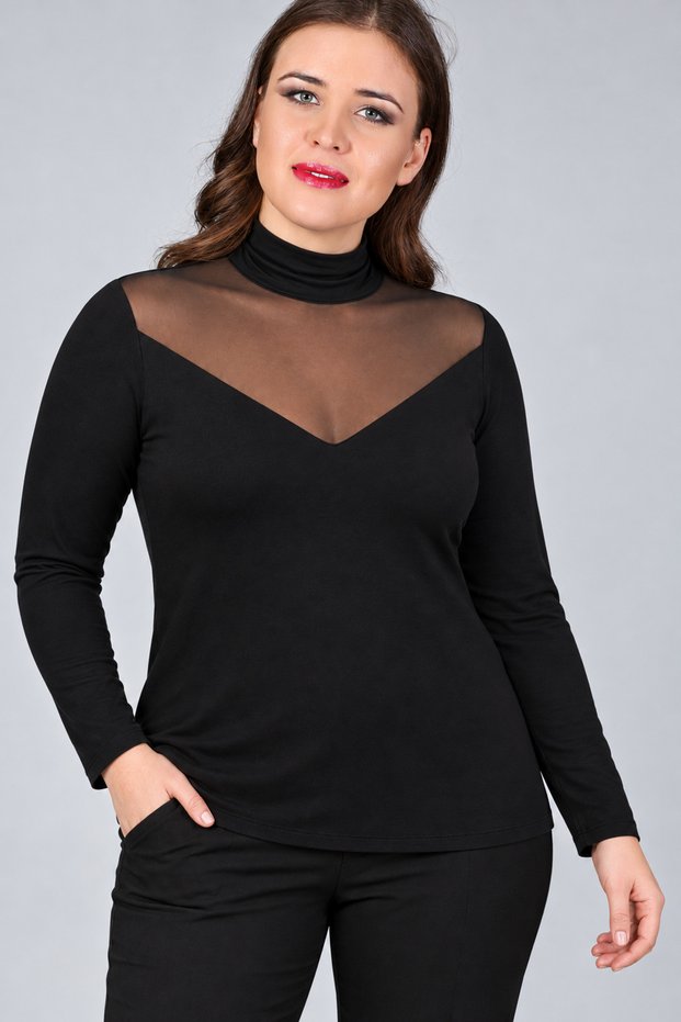 Plus Size Roba Tulle Half Turtleneck Long Sleeve Blouse