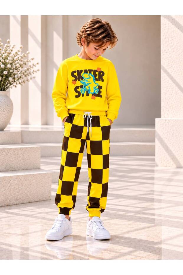 Boys' Dinosaur Printed Yellow Sweatshirt and Checkerboard Patterned Bottom Top Set