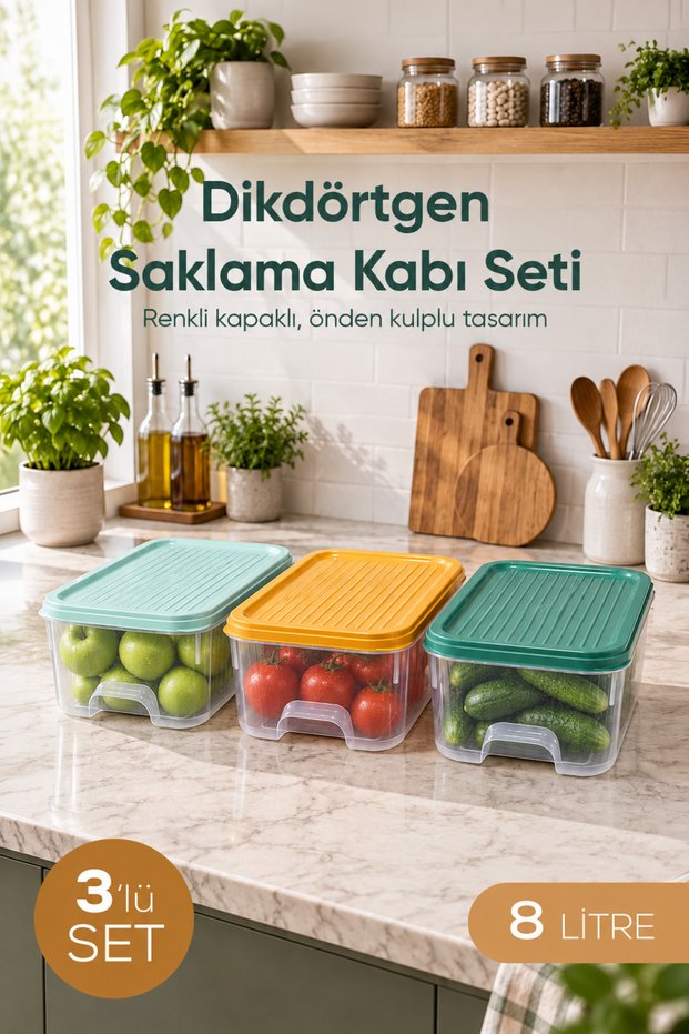 Set of 3 8 Lt Rectangular Storage Containers with Colorful Lids Kitchen Refrigerator Food Organizer