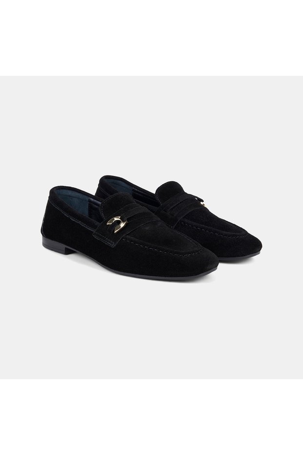 Women's Black Slip-On Suede Loafer with Gold Accessories