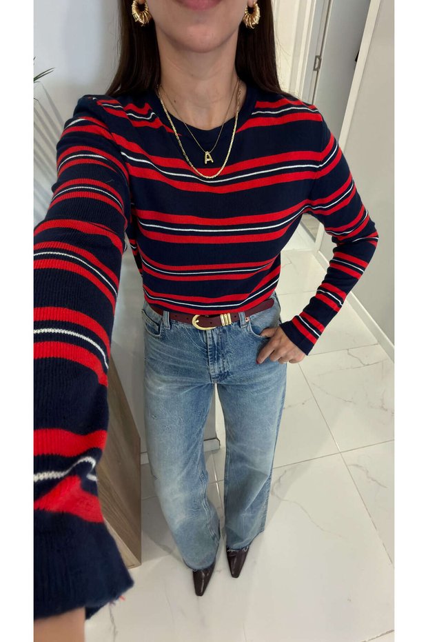 Kolde Navy Blue Red Striped Long Sleeve Knitwear