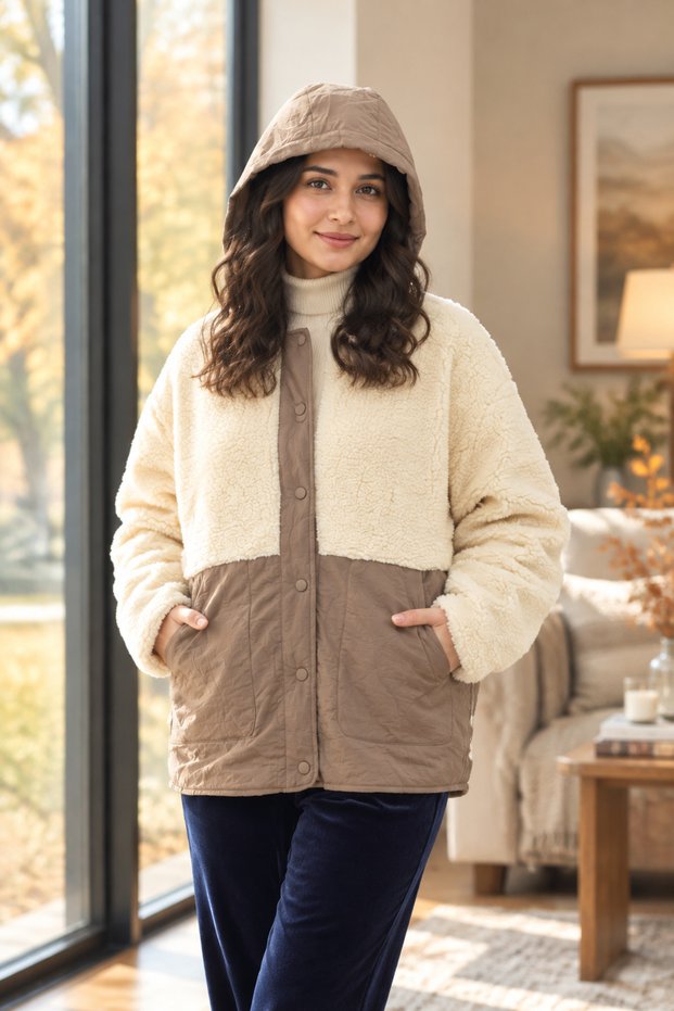 Hn-8010 Women's Camel Color Casual Hooded Coat