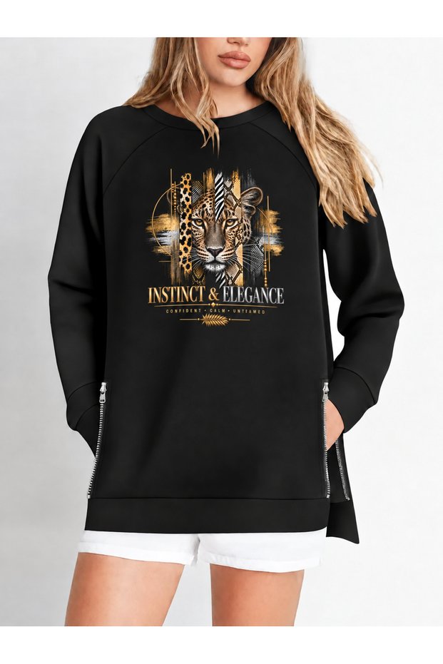 Plus Size Instinct Elegance Printed Sweatshirt with Zipper Slit Detail and Oysho Fabric Raglan Sleeves