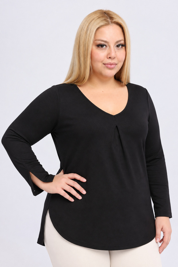 Plus Size Pleated V-Neck Tunic with Slit Detail at the Sleeve End