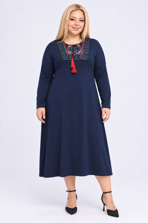 Plus Size Embroidery Collared Wide Cut Long Sleeve Viscose Dress