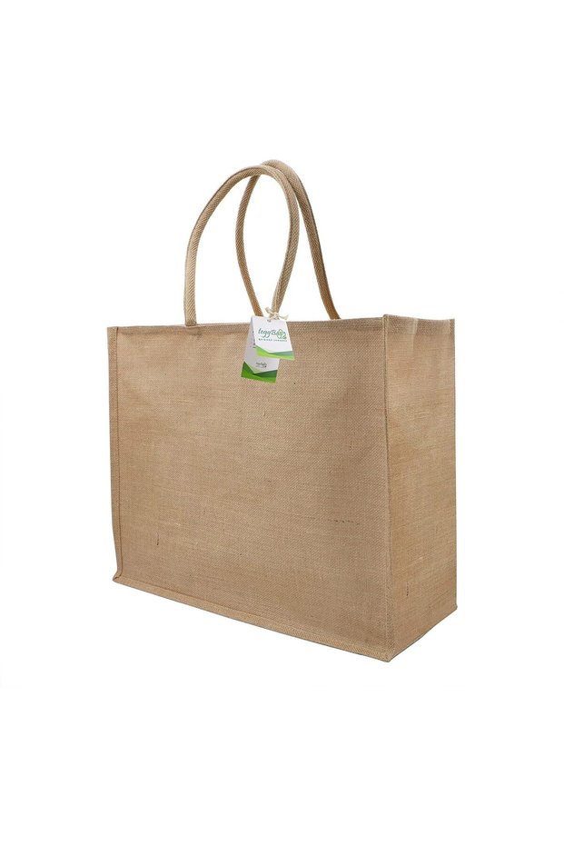 Big Reusable Multi Purpose Shopping Grocery Laminated Jute Sustainable Organic Eco friendly Bag With Zip Closure Strong Handle 100% Organic Size 50x41x20G cms