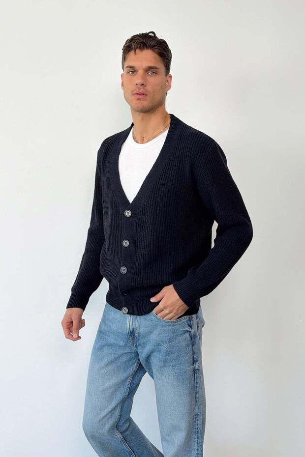 Men's V-Neck Buttoned Knitwear Cardigan Navy Blue - 26505