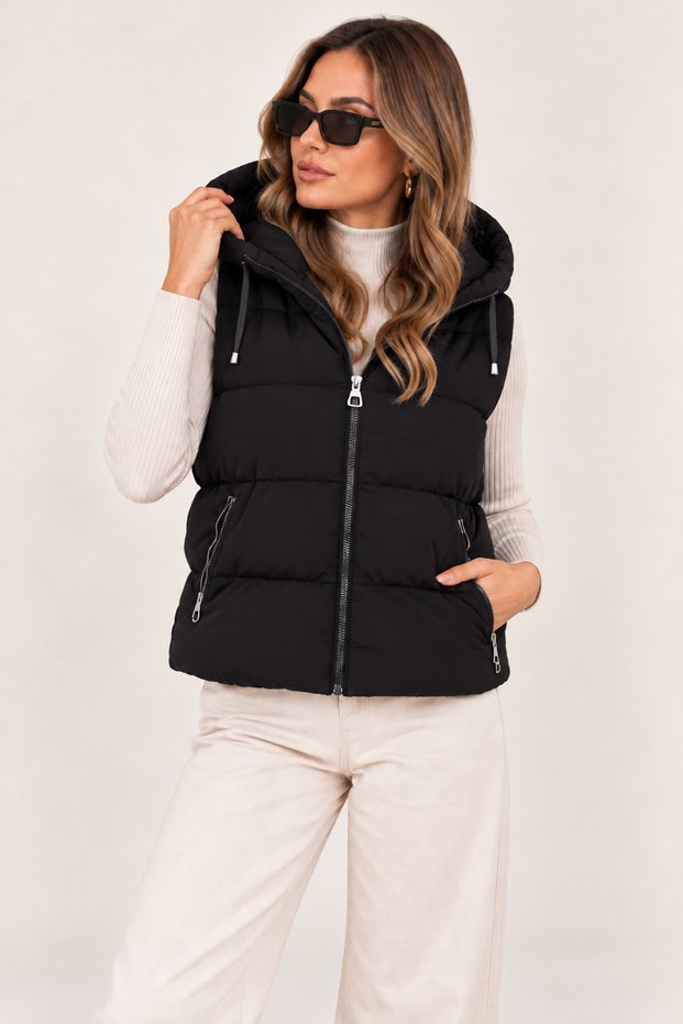 Women's Hooded Inflatable Vest with Zipper and Pockets Cty-Şml-265297