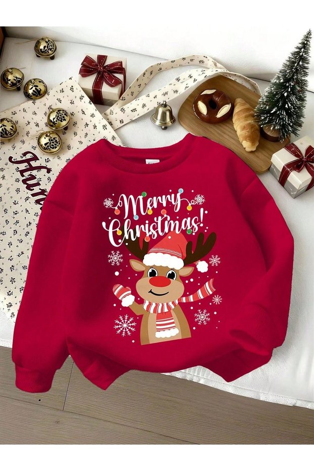 Christmas Printed Cotton 3 Thread Threaded Crew Neck Oversize Sweatshirt