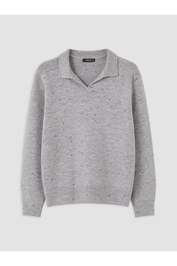 Ozmarka New Season Gray Polo Collar Men's Knitwear Sweater