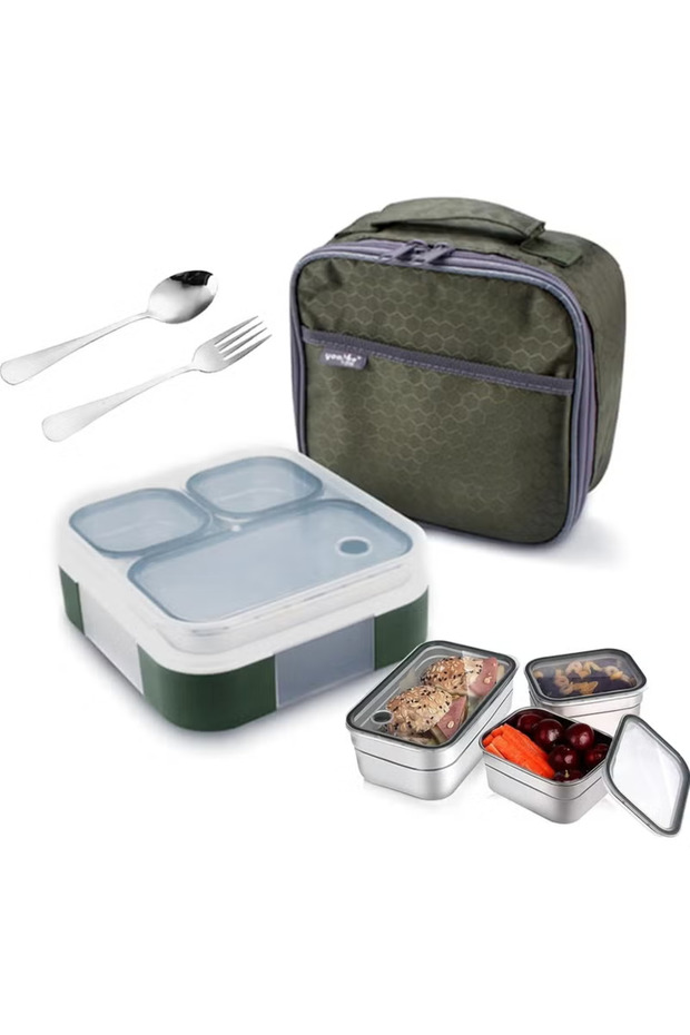 Stainless Steel Lunch Box for Kid School, Insulated Bento Lunch Box with Tableware & Bag,720ML 3 Compartment Divided Lunch Containers with Lids, Leakproof | BFA Free | Dishwasher Safe