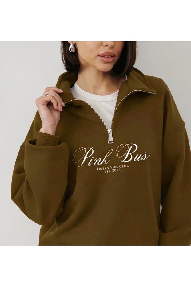 Pink Bus Half Zipper Oversize 3-Ply Sweatshirt